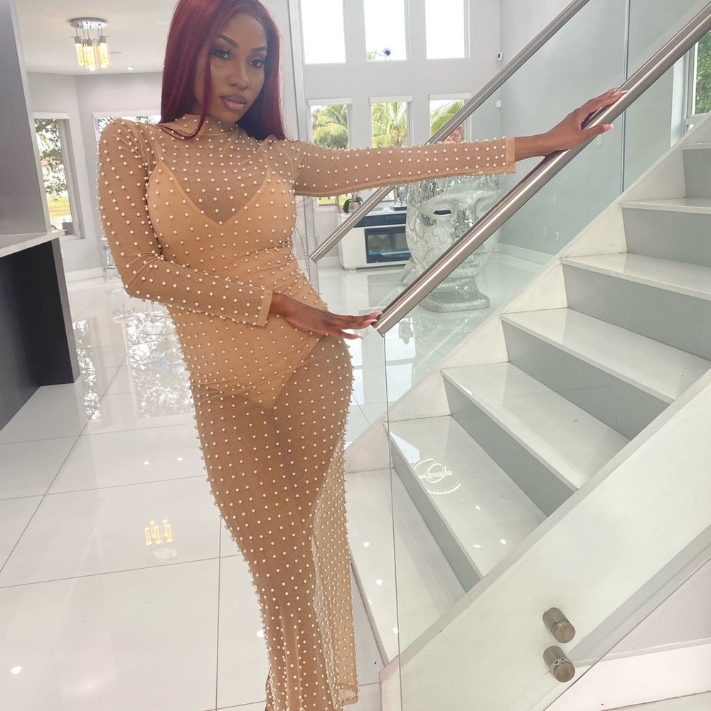Tan sheer pearl studded dress